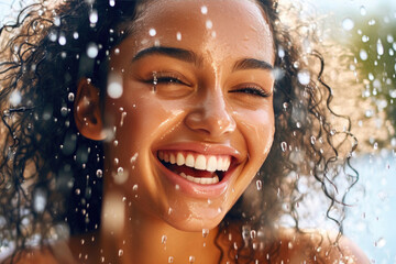 Water Droplets on a Happy Woman's Face