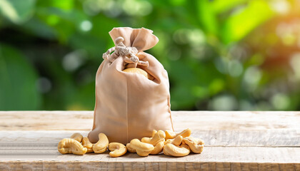 Poster - cashew nuts with leaf in bag on a wooden table with blurred garden background