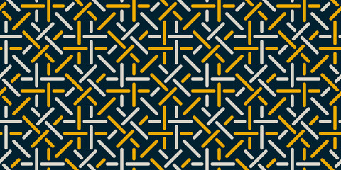 Fototapete - Abstract geometric seamless pattern, vector elegant color rhythmic repeating texture with white-yellow braided ornament on a dark background