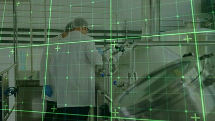 Poster - Animation of grid pattern, caucasian scientist noting temperature of containers in notepad