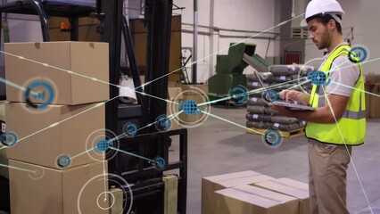 Poster - Animation of connected graph and globe over caucasian man using laptop and taking inventory