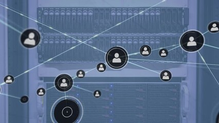 Poster - Animation of connected icons over back panel of data server racks in server room