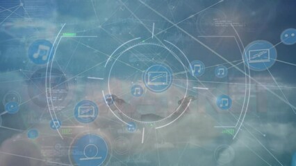 Poster - Animation of connected laptop and music icons with coding and scanner moving over clouds in sky