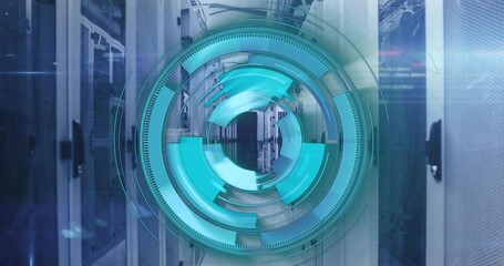 Poster - Animation of loading circles and computer language over server room