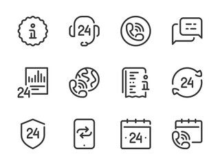 Fototapete - Customer Support Service and Helpline vector line icons. Phone Assistance and Consulting outline icon set. Chat, Help, Information Report, International Call, Question and more.