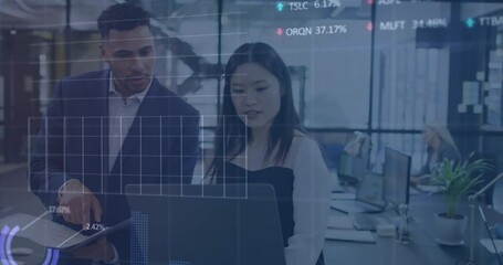 Poster - Animation of multiple graphs and trading boards over diverse coworkers discussing reports on laptop