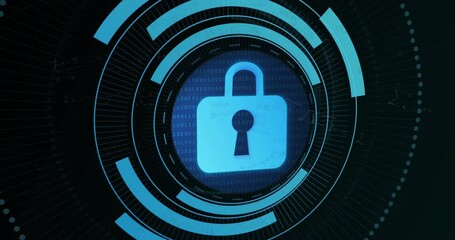 Poster - Animation of dots around padlock in circles over mathematical equation against black background