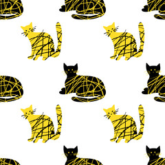 Wall Mural - Seamless pattern with textured cute cat illustration black and yellow color on white background