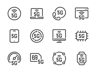 Poster - 5G Communication Technology vector line icons. High Speed Wireless Network outline icon set. Performance, SIM card, Report, Computer, Mobile Phone and more.