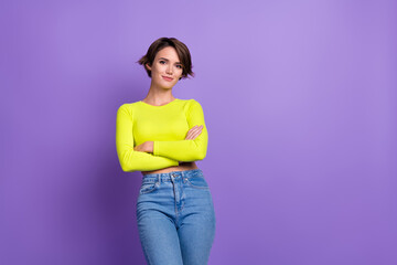 Sticker - Photo of confident business lady wearing yellow crop top satisfied her company income influencer team isolated on purple color background