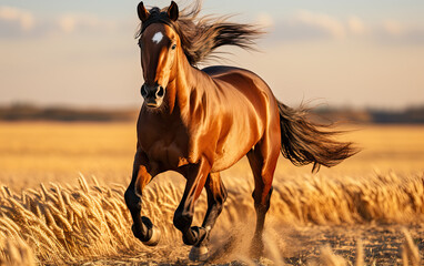 Beautiful horse galloping in the meadow at sunset 