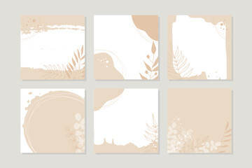 Spring pastel neutral abstract square backgrounds with flowers. Beige color vector set. Social media posts, stories, banners, invitation, mobile apps, online ads, poster, postcards, greetings