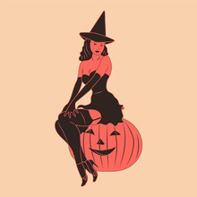 Witch. Cute Ladies. Pin-up, Retro Style. Halloween Costume Concept. Hand Drawn Modern Vector Illustration. Poster, Sticker Templates