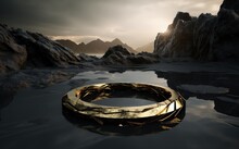 Golden Portal In The Lake On Unknown Planet, Fantasy Concept. Generative AI