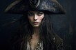 Pirate captain woman, black background, fantasy and history concept. generative AI