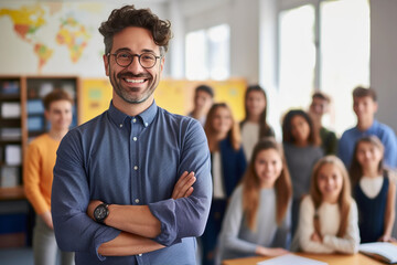 portrait of smiling male teacher in a class at elementary school looking at camera with learning stu