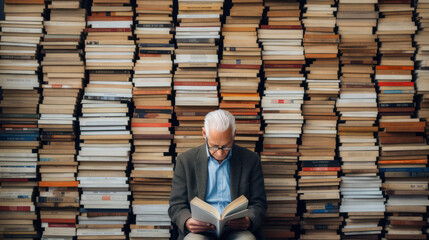 man reading a book sitting on stack of books. knowledge