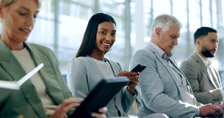 Poster - Professional, cellphone and job interview with woman in line or portrait for communication in career. Business, team and technology with chairs for recruitment or online app for work or information.