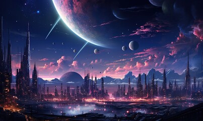 Wall Mural - An astronaut on an alien planet in front of the light of the space-time portal. exploration of the science fiction universe.