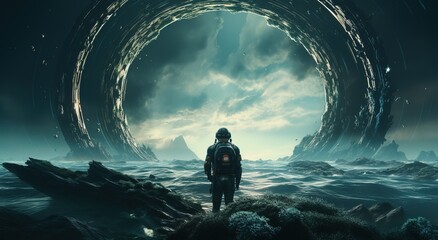 Wall Mural - An astronaut on an alien planet in front of the light of the space-time portal. exploration of the science fiction universe.
