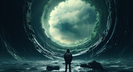 Wall Mural - An astronaut on an alien planet in front of the light of the space-time portal. exploration of the science fiction universe.