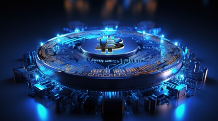 Poster - Golden Bitcoin blockchain technology isometric concept suitable for future technology banner or or cover. Isometric vector illustration.
