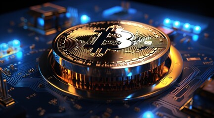 Poster - Golden Bitcoin blockchain technology isometric concept suitable for future technology banner or or cover. Isometric vector illustration.