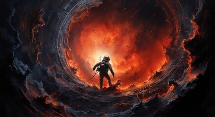 Wall Mural - An astronaut on an alien planet in front of the light of the space-time portal. exploration of the science fiction universe.