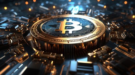 Poster - Golden Bitcoin blockchain technology isometric concept suitable for future technology banner or or cover. Isometric vector illustration.