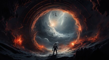 Wall Mural - An astronaut on an alien planet in front of the light of the space-time portal. exploration of the science fiction universe.