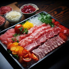 Wall Mural - raw steak on tray with vegetables