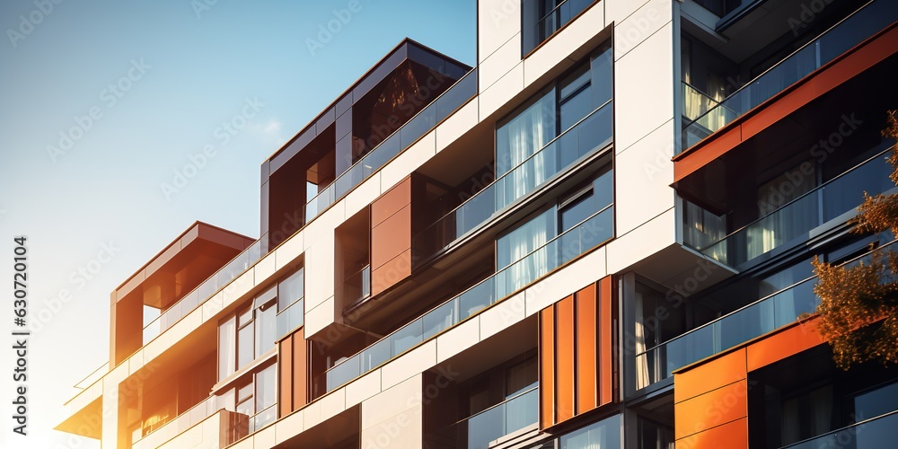 Close up of a modern residential building facade sleek design, clean ...