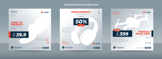 Square social media post template on simple gray gradation background with a red accent for product promotion