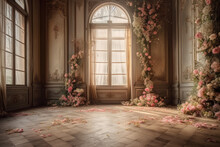 Luxury Palace Hall Interior Decorated With Frescoes And Pink Roses Flowers Compositions. Wedding Interior, Background