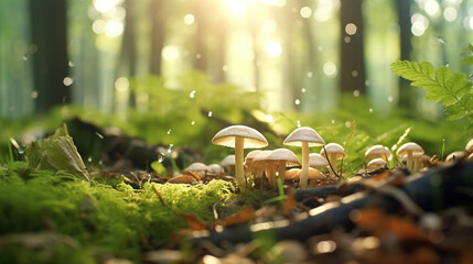 Wall Mural - Bright forest clearing,beautiful sunlight and seasonal nature background with bokeh and short depth of field. Close-up with space for text, close-up on wildlife nature mushrooms and green fresh