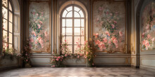 Luxury Palace Hall Interior With Big Windows And Walls Decorated With Frescoes And Murals Pink Roses And Flowers Compositions. Wedding Background. Classic Castle Interior