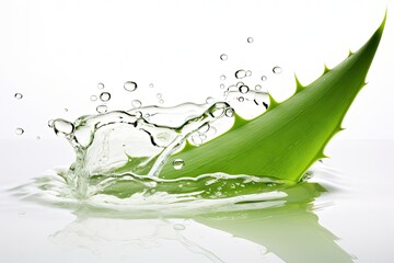 Aloe vera leaf on the surface of the water with splashes and drops on the reflection of a white background.