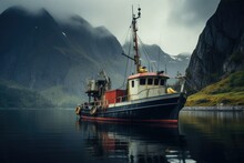 Fishing Old Trawler Ship On Water With Fjords Landscape.