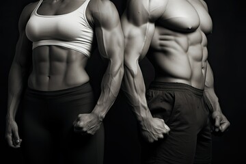 athletic muscular woman and man torsos on a black background. layout concept for a gym or fitness tr