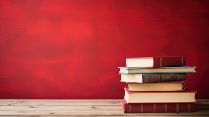Poster - Stack of books on wooden table against a red background. Created with Generative AI technology.