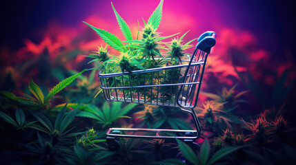 Cannabis small leaves and shoots placed in a shopping cart, neon colorful background 