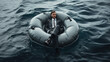 © IBEX.Media - Business safety net concept with businessman sleeping peaceful on raft at sea, Generative AI illustration