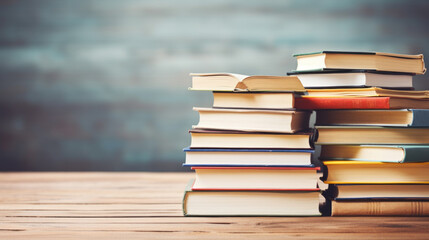 Poster - Stack of books on wooden table against a blurred background. Created with Generative AI technology.