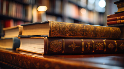 Poster - Stack of Old books on wooden table in library .Created with Generative AI technology.