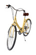 Yellow retro bicycle, generic clean and new. Brown leather saddle and handles, front view. Vintage look city bike. Png isolated on transparent background
