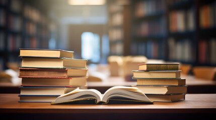 Poster - open book in front of piles of books on library background.created with generative ai technology.
