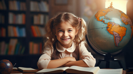 Little schoolgirl smiling while sitting in front of a book against a book shelf background. Created with Generative AI technology.