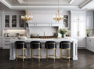 A luxurious kitchen with a large island, gold faucet and sputnik chandelier, stainless steel appliances, and white marble countertops. Created with Generative AI technology.