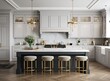© lililia - A luxurious kitchen with a large island, gold faucet and sputnik chandelier, stainless steel appliances, and white marble countertops. Created with Generative AI technology.