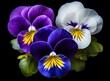 Isolated pansy flower-head on black background, Viola x wittrockiana. Created with Generative AI technology.